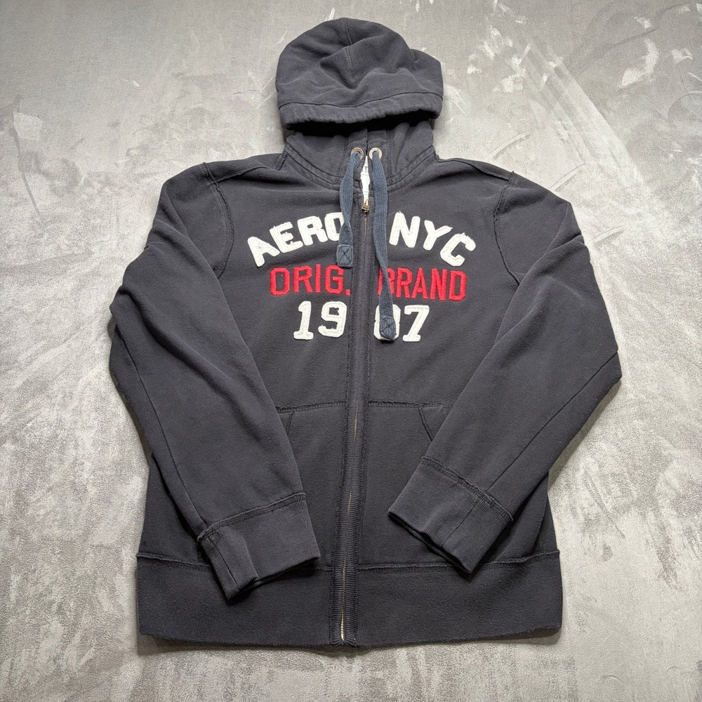 Vintage Y2K Aeropostale Gray Zip Hoodie Mens S Puff Print Logo Skate Streetwear